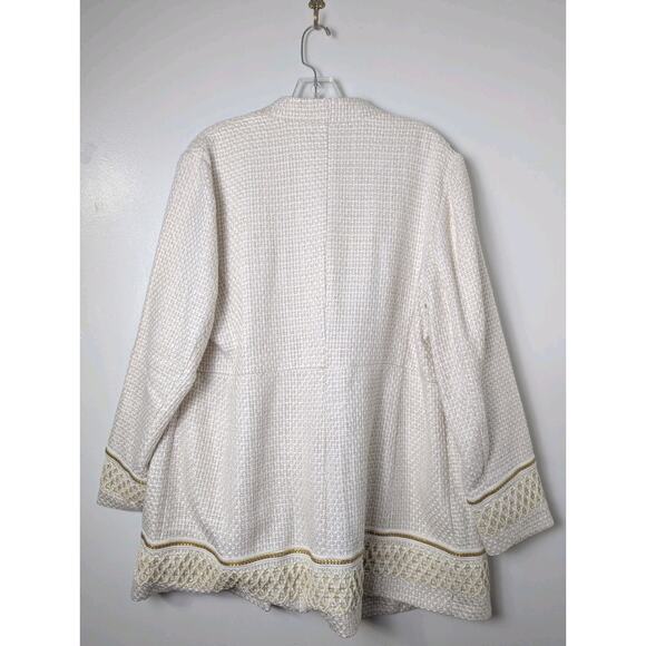 Chico's Textured Embellished Trim Cream Gold Jacket Size 2 (L) Lined Cruise - Picture 9 of 11